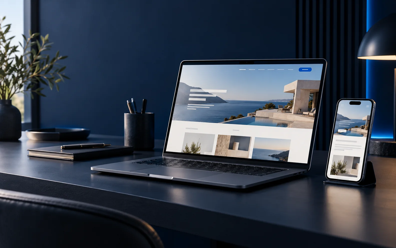 Ordinateur et téléphone présentant un concept de site vitrine dans un studio bleu nuit