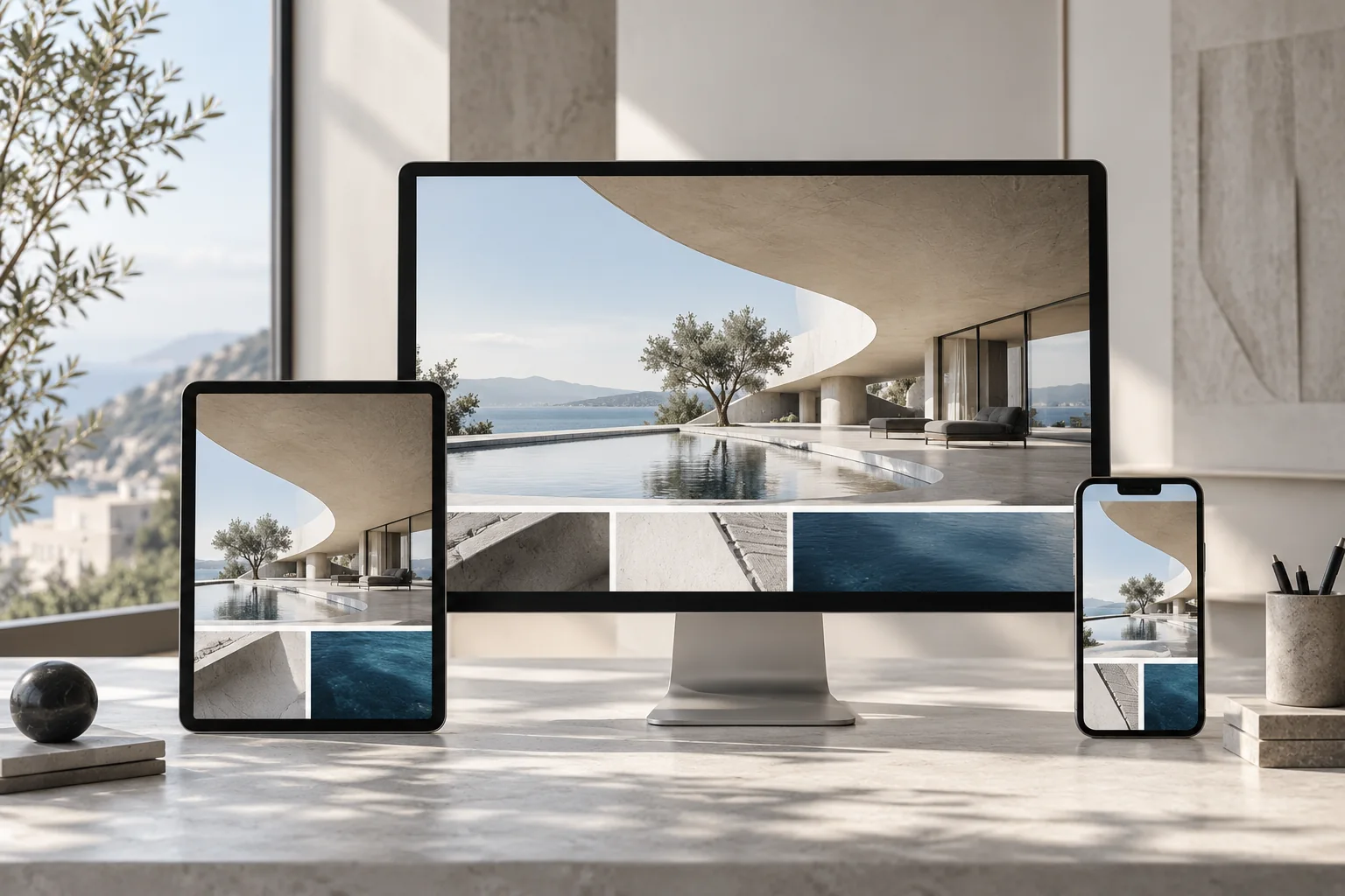 Un concept de site d’architecture décliné sur un ordinateur, une tablette et un téléphone, tous visibles en entier
